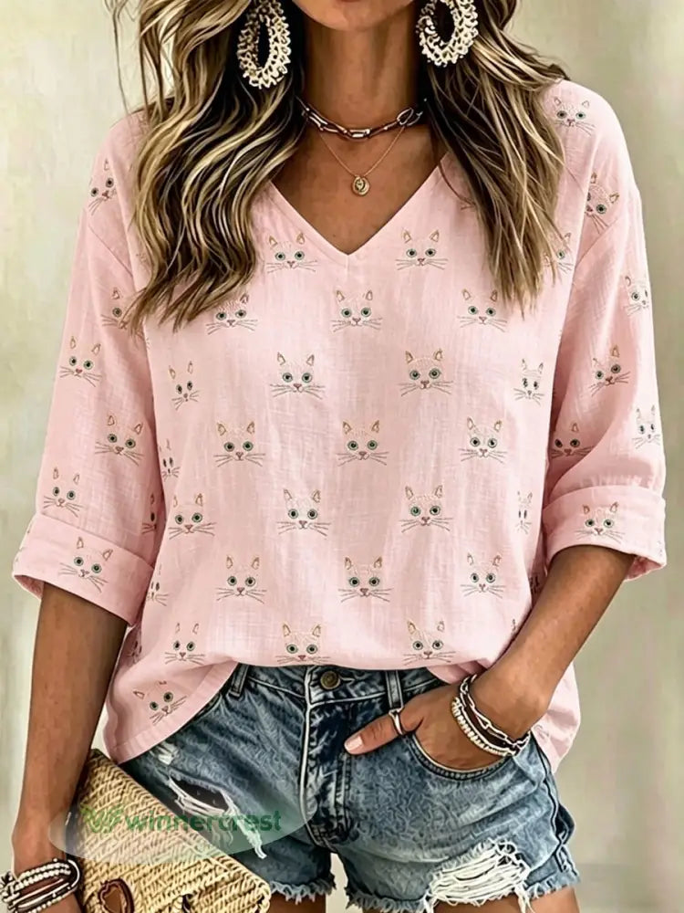Women’s Cute Cat Face Embroidery Art Linen V-Neck Shirt - Light Pink / S