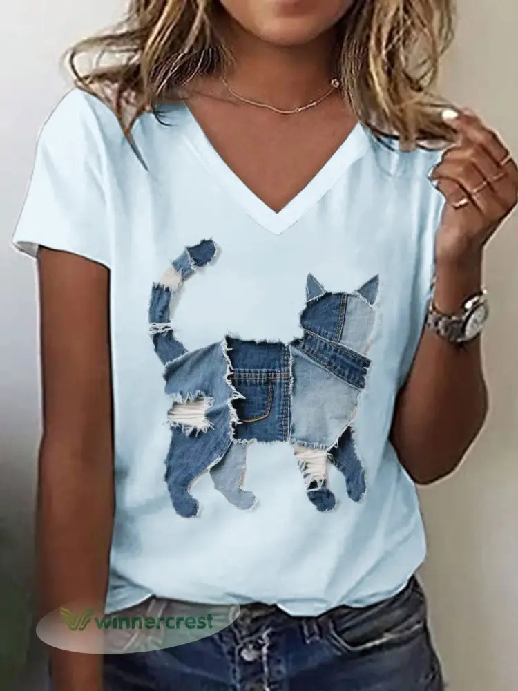Women’s Cute Cat Pattern Patchwork Art V-Neck T-Shirt - Sky Blue / S