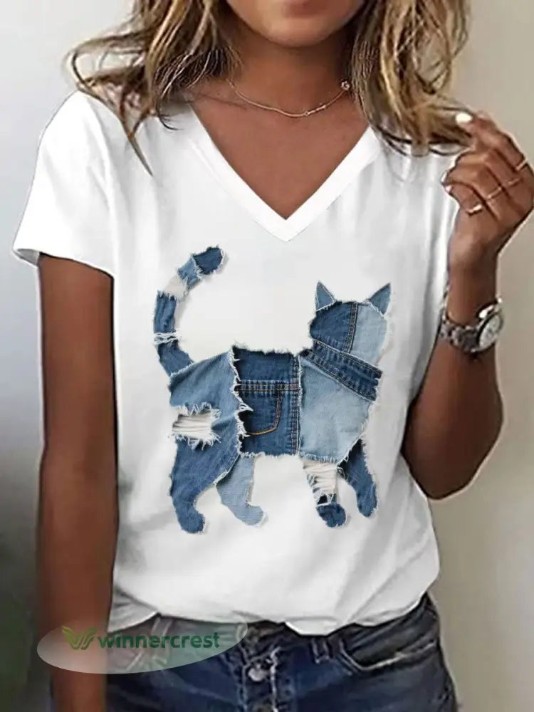 Women’s Cute Cat Pattern Patchwork Art V-Neck T-Shirt - White / S