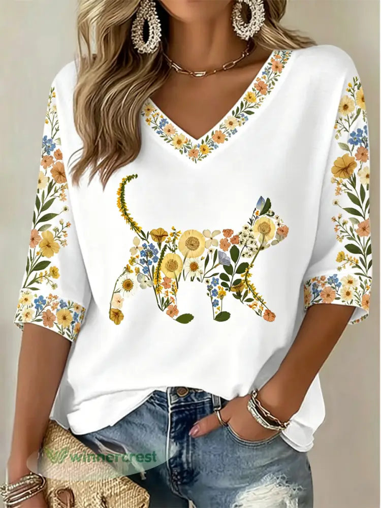 Women’s Cute Cat Print Mid-length Sleeves V-Neck T-Shirt - White / S