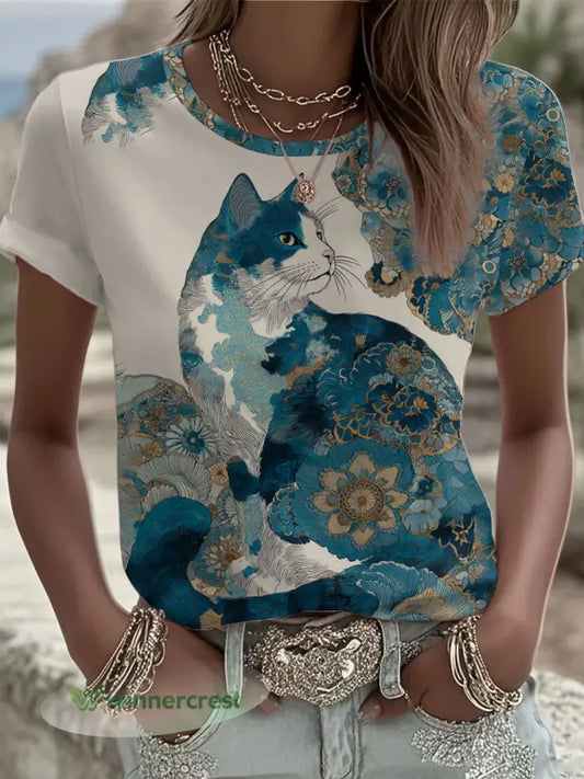 Women’s Cute Cat Print short-sleeved T-shirt - Creamy-White / S