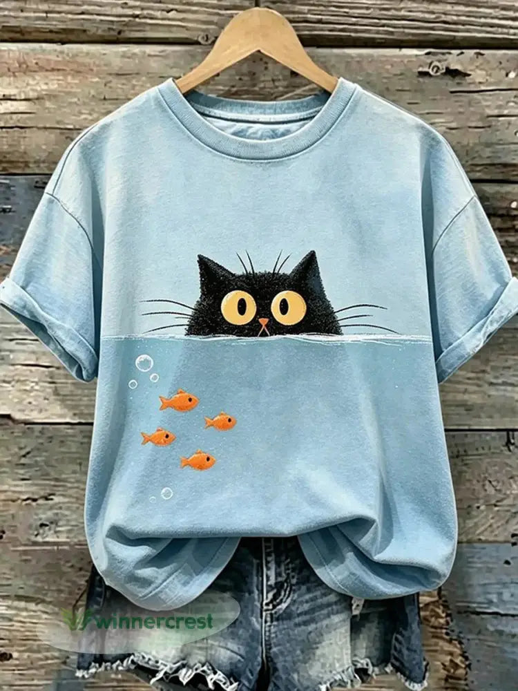 Women’s Cute Cat Print T-shirt - As picture / S