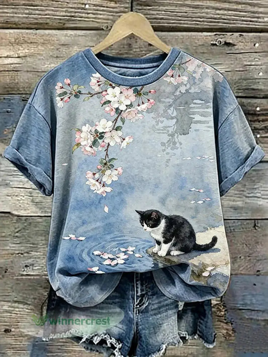 Women’s Cute Cat Print T-shirt - As picture / S