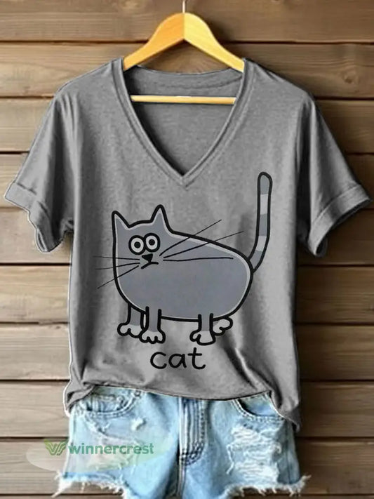 Women’s Cute Cat Print V-Neck T-Shirt - Gray / S