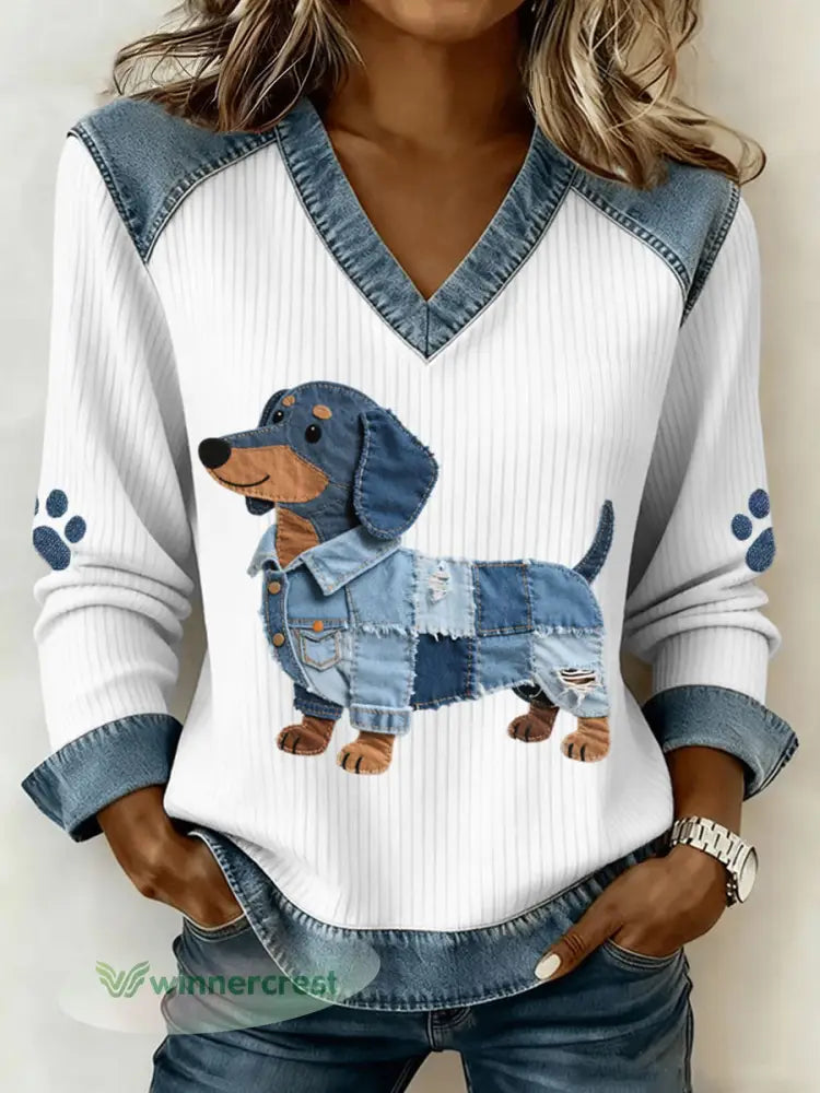 Women’s Cute Dachshund Pattern Denim Patchwork Art V-Neck Top - White / S
