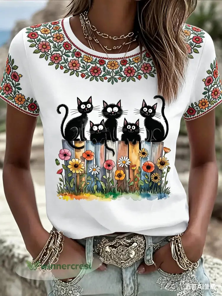 Women’s Cute Floral Black Cats Print Casual Tee - White / S