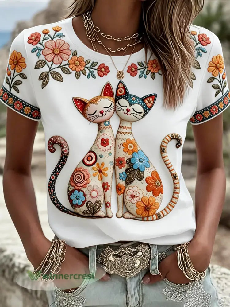 Women’s Cute Floral Cats Print Casual Tee - White / S