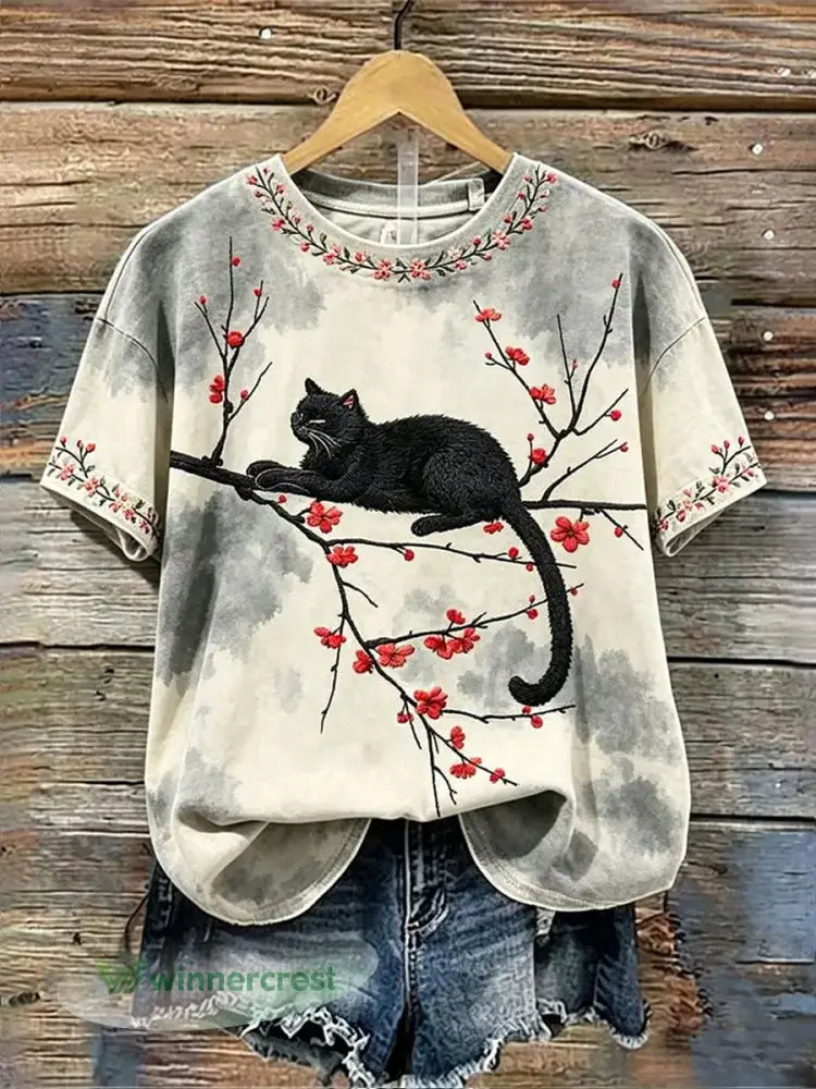 Women’s Cute Flower Cat Short Sleeve T-shirt - As picture / S