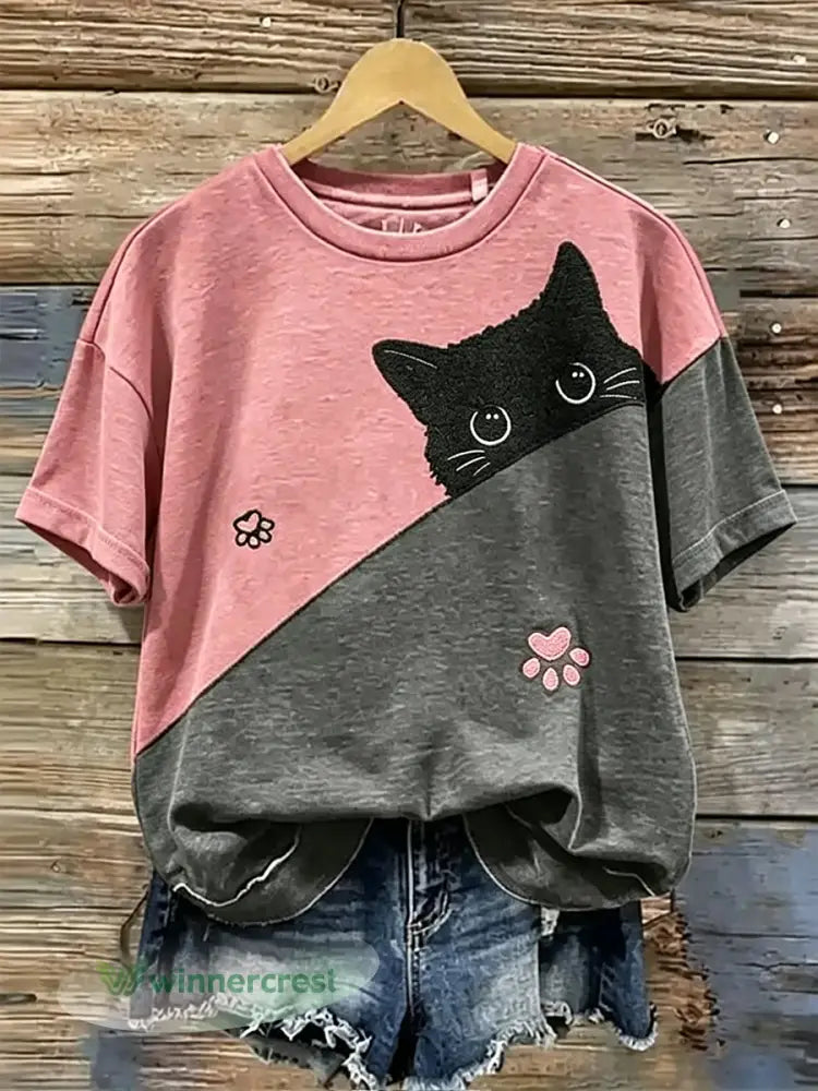 Women’s Cute Flower Cat Short Sleeve T-shirt - As picture / S