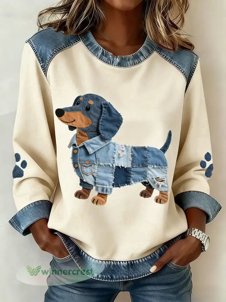 Women’s Dachshund Pattern Denim Patchwork Art Sweatshirt - Apricot / S