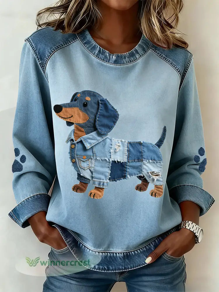 Women’s Dachshund Pattern Denim Patchwork Art Sweatshirt - Blue / S