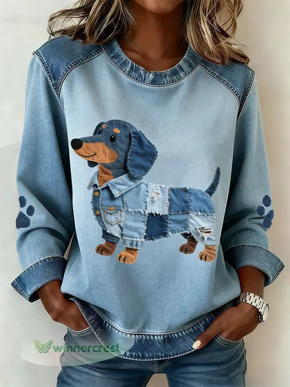Women’s Dachshund Pattern Denim Patchwork Art Sweatshirt - Blue / S