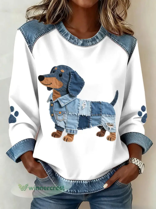 Women’s Dachshund Pattern Denim Patchwork Art Sweatshirt - White / S