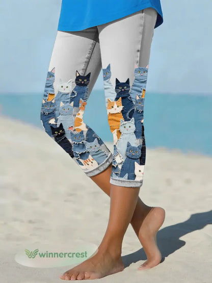 Women’s denim cat cropped leggings - Light Gray / S