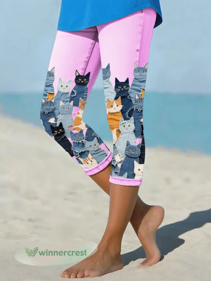 Women’s denim cat cropped leggings - Pink / S