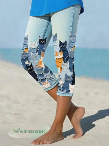 Women’s denim cat cropped leggings - Sky Blue / S