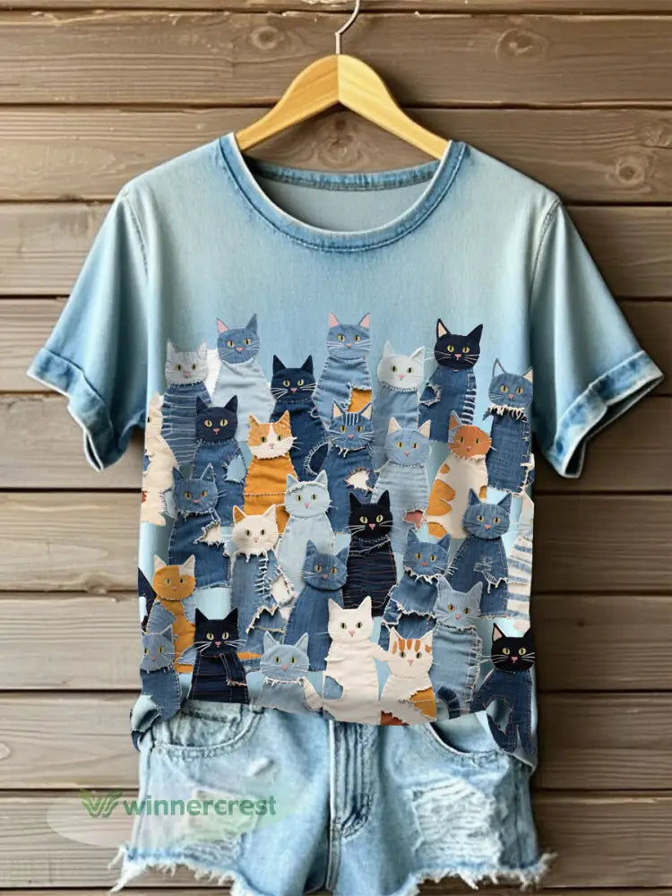 Women’s Denim Cat T-shirt - Sky Blue / S