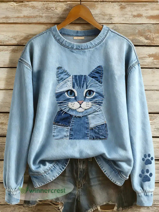 Women’s Denim Patchwork Art Cat Pattern Sweatshirt - Blue / S