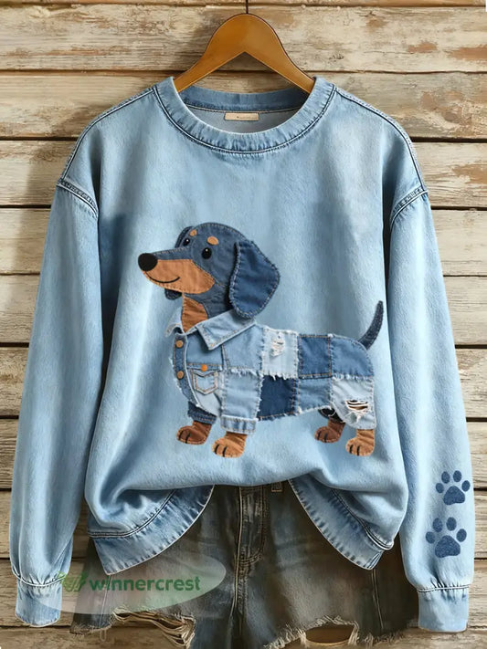 Women’s Denim Patchwork Art Dachshund Dog Pattern Sweatshirt - Blue / S