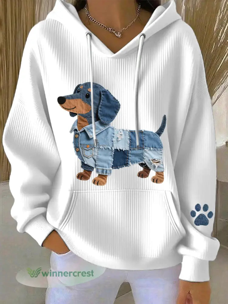 Women’s Denim Patchwork Art Dachshund Pattern Hoodie - White / S