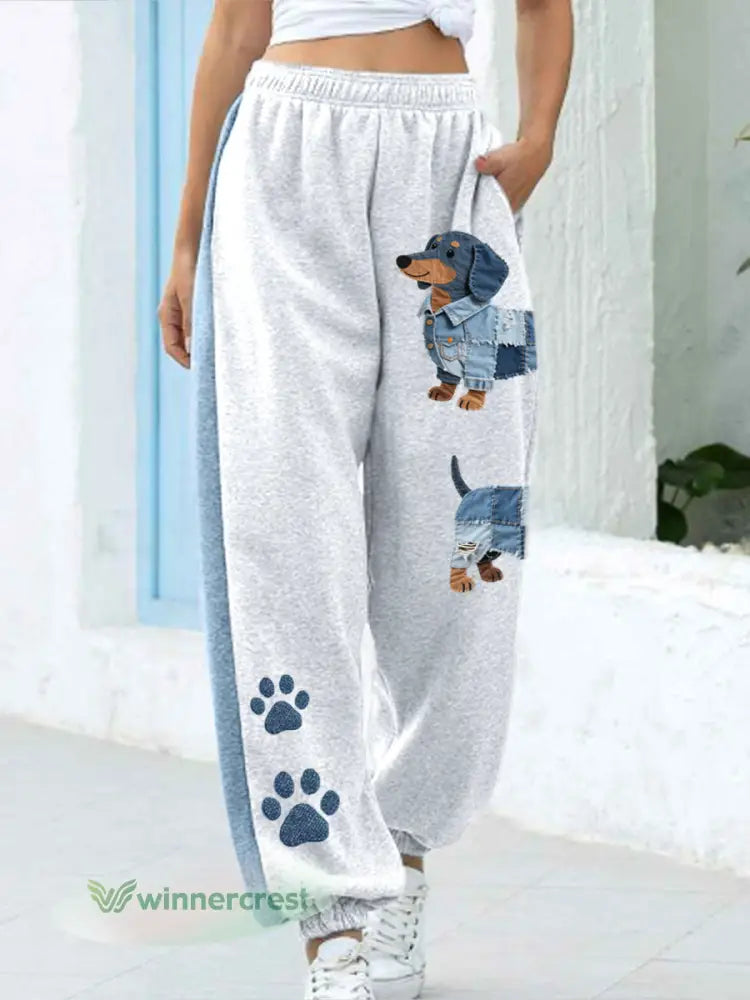 Women’s Denim Patchwork Art Dachshund Pattern Pants - As picture / S