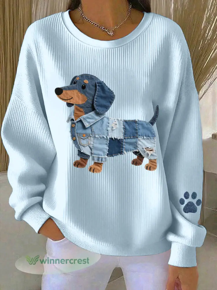 Women’s Denim Patchwork Art Dachshund Pattern Sweatshirt - Light Blue / S