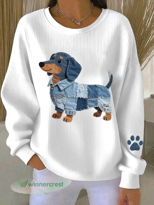 Women’s Denim Patchwork Art Dachshund Pattern Sweatshirt - White / S