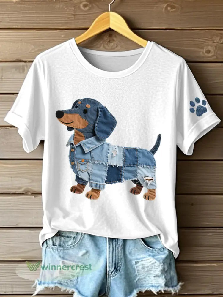 Women’s Denim Patchwork Art Dachshund Pattern T-Shirt - White / S