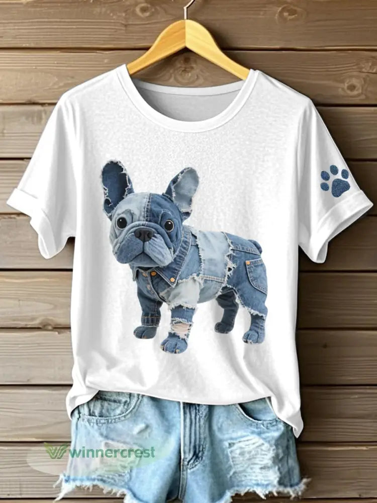 Women’s Denim Patchwork Art French Bulldog Pattern T-Shirt - White / S