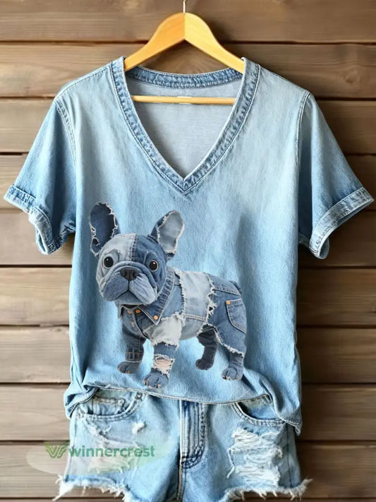 Women’s Denim Patchwork Art French Bulldog Pattern V-Neck T-Shirt - Blue / S