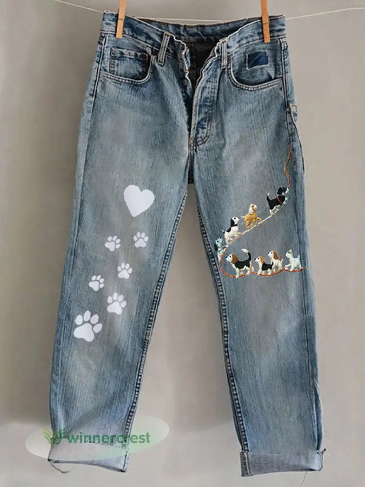 Women’s Dog Art Print Casual Pants - Blue / S