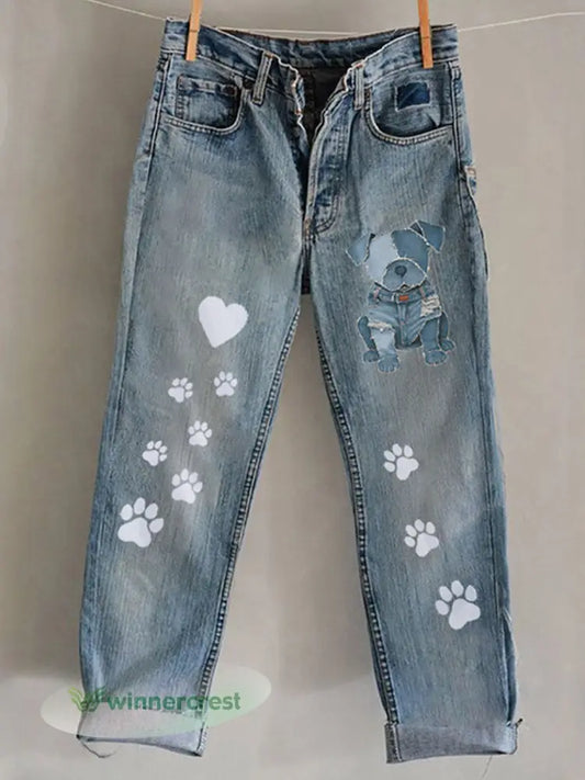 Women’s Dog Art Print Casual Pants - Blue / S
