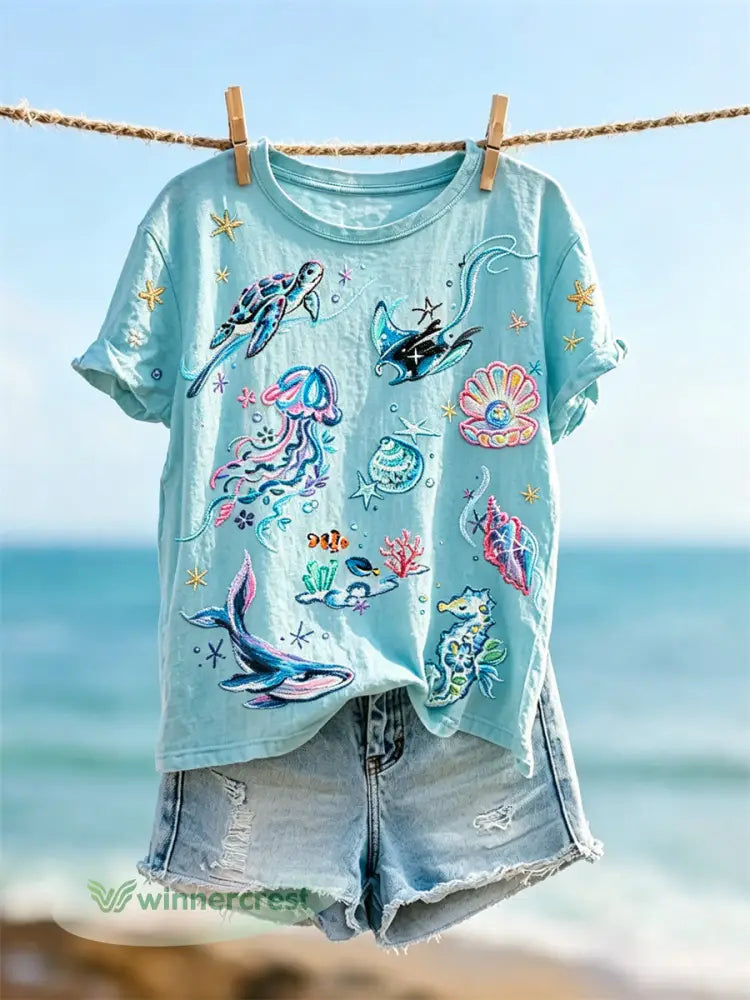 Women’s Dreamy Lovely Marine Life Art Print short-sleeved T-shirt - Blue / S
