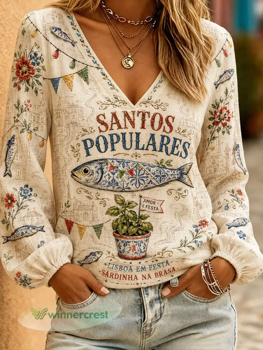 Women’s Festa dos Santos Populares Portugal Art Printed Linen Tops - Damasco / S