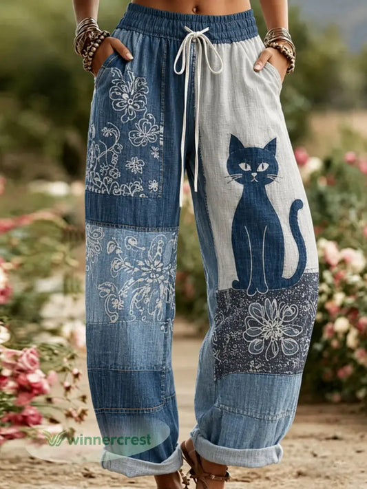 Women’s Floral Cat Print Casual Pants - Blue / S