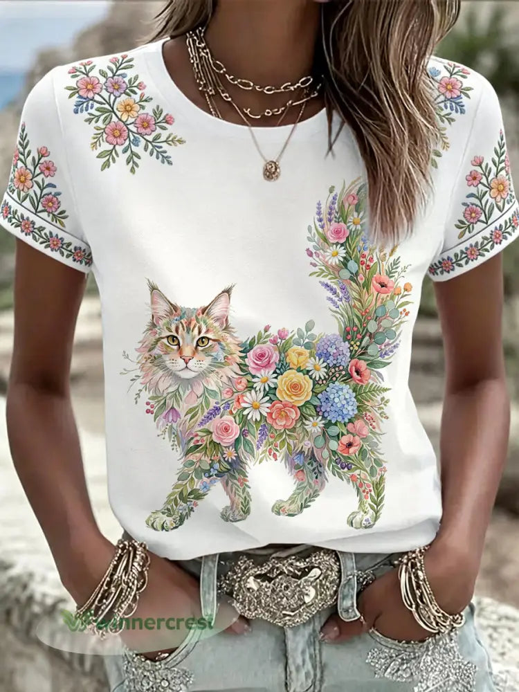 Women’s Floral Cat Print Casual Tee - White / S