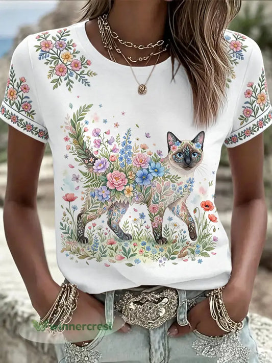 Women’s Floral Cat Print Casual Tee - White / S