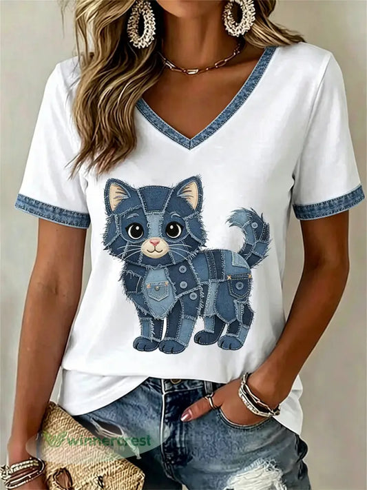 Women’s Floral Cat Print Casual V-Neck Tee - White / S