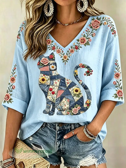 Women’s Floral Cat Print Casual V-Neck Top - Light Blue / S