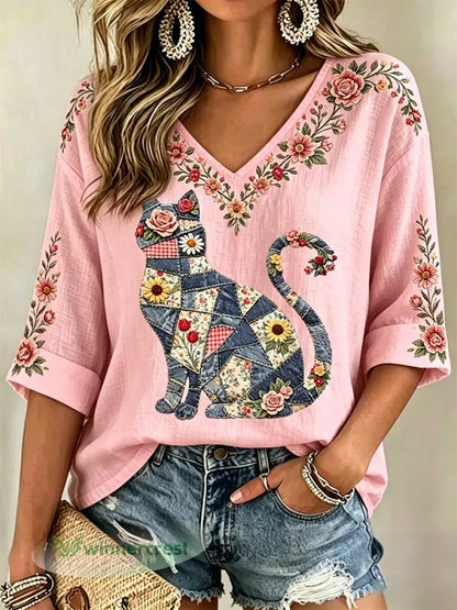 Women’s Floral Cat Print Casual V-Neck Top - Pink / S