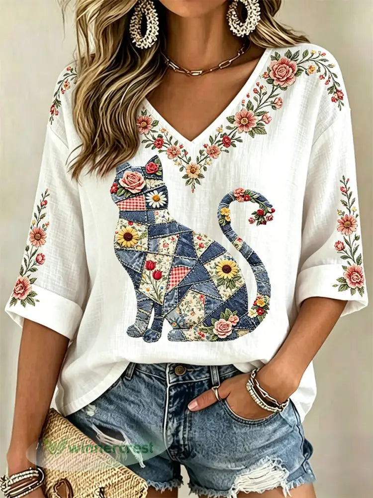 Women’s Floral Cat Print Casual V-Neck Top - White / S