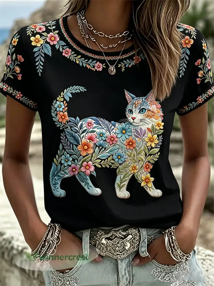 Women’s Floral Cats Print Casual Tee - Black / S