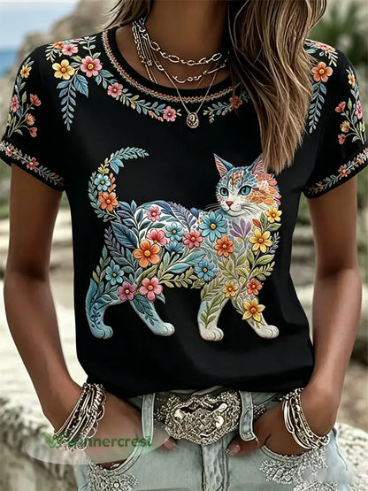 Women’s Floral Cats Print Casual Tee - Black / S