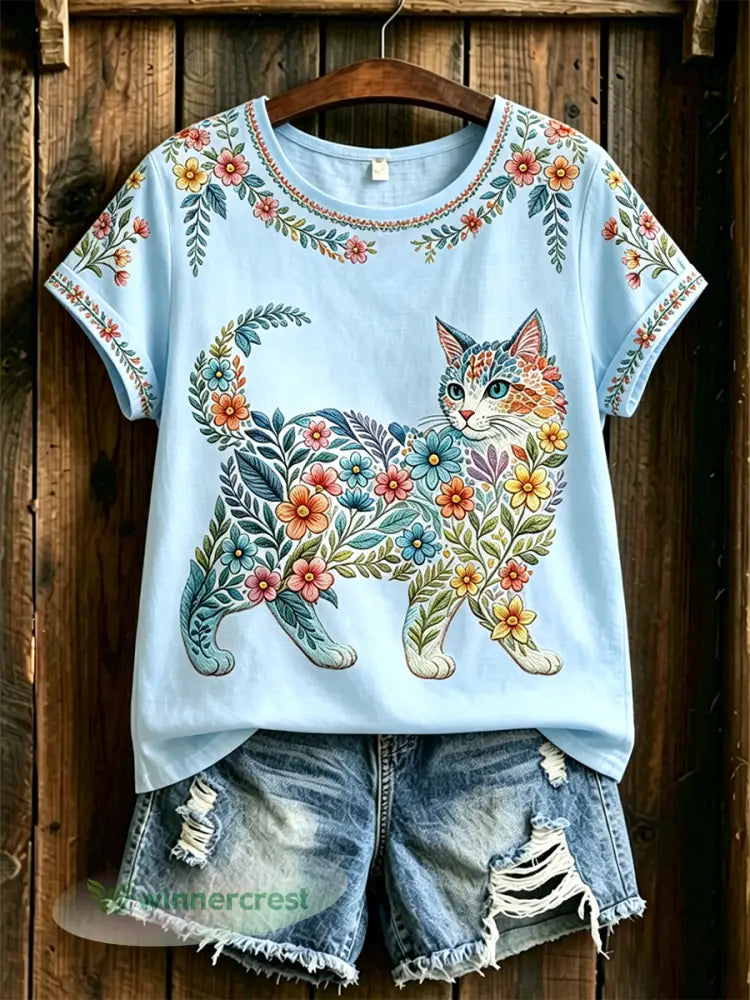 Women’s Floral Cats Print Casual Tee - Light Blue / S