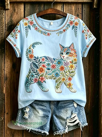 Women’s Floral Cats Print Casual Tee - Light Blue / S