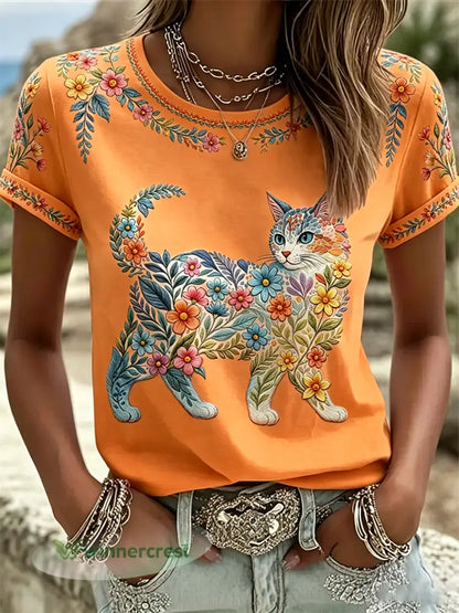 Women’s Floral Cats Print Casual Tee - Orange / S