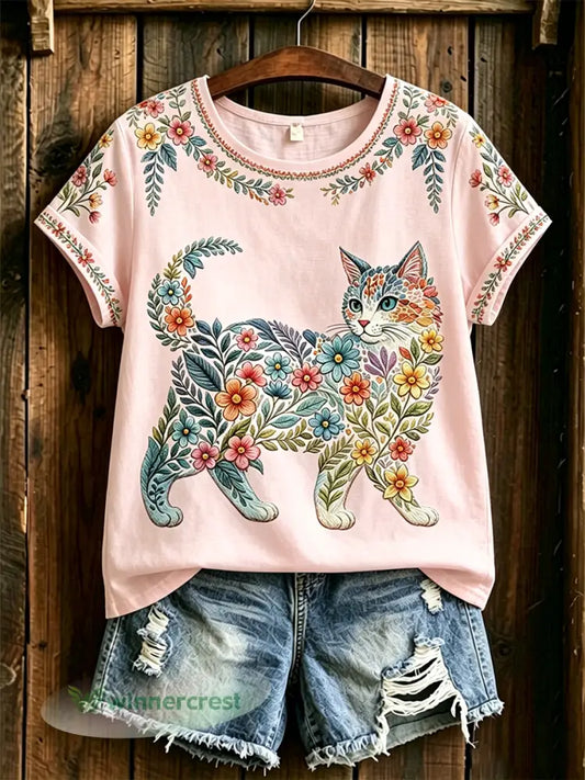 Women’s Floral Cats Print Casual Tee - Pink / S