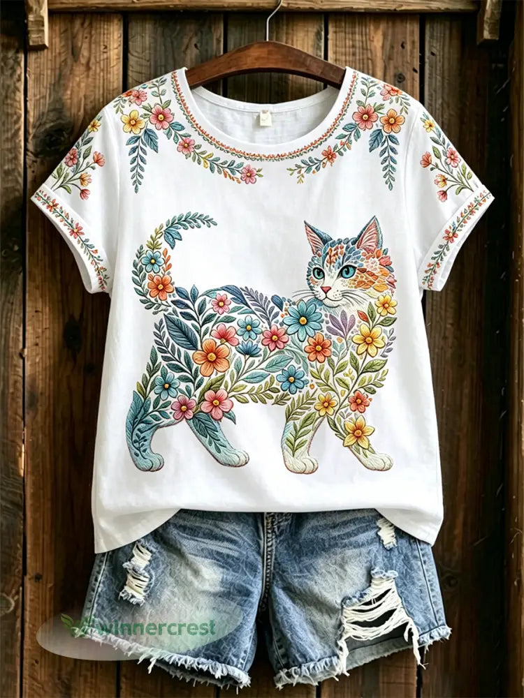 Women’s Floral Cats Print Casual Tee - White / S