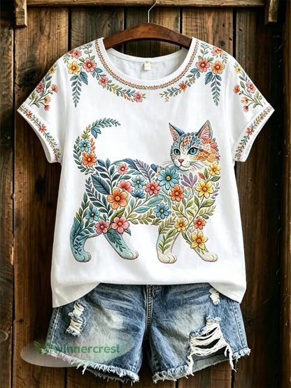 Women’s Floral Cats Print Casual Tee - White / S