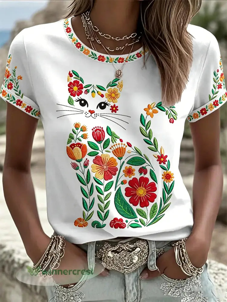 Women’s Floral Cats Print Casual Tee - White / S